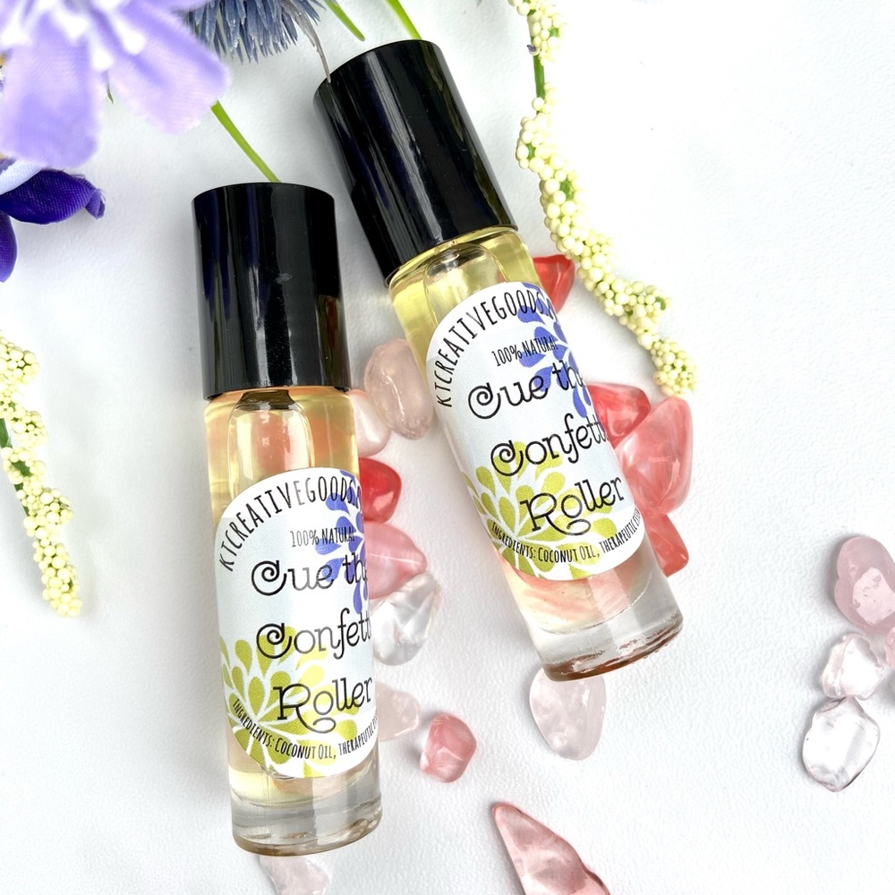 ‘Cue the Confetti’ Rose Quartz Crystal-Infused joyful essential oil roller